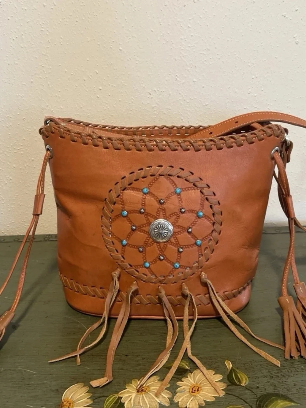 Handcrafted Brown Leather Dreamcatcher Fridge Shoulder Bag with Turquoise Accent